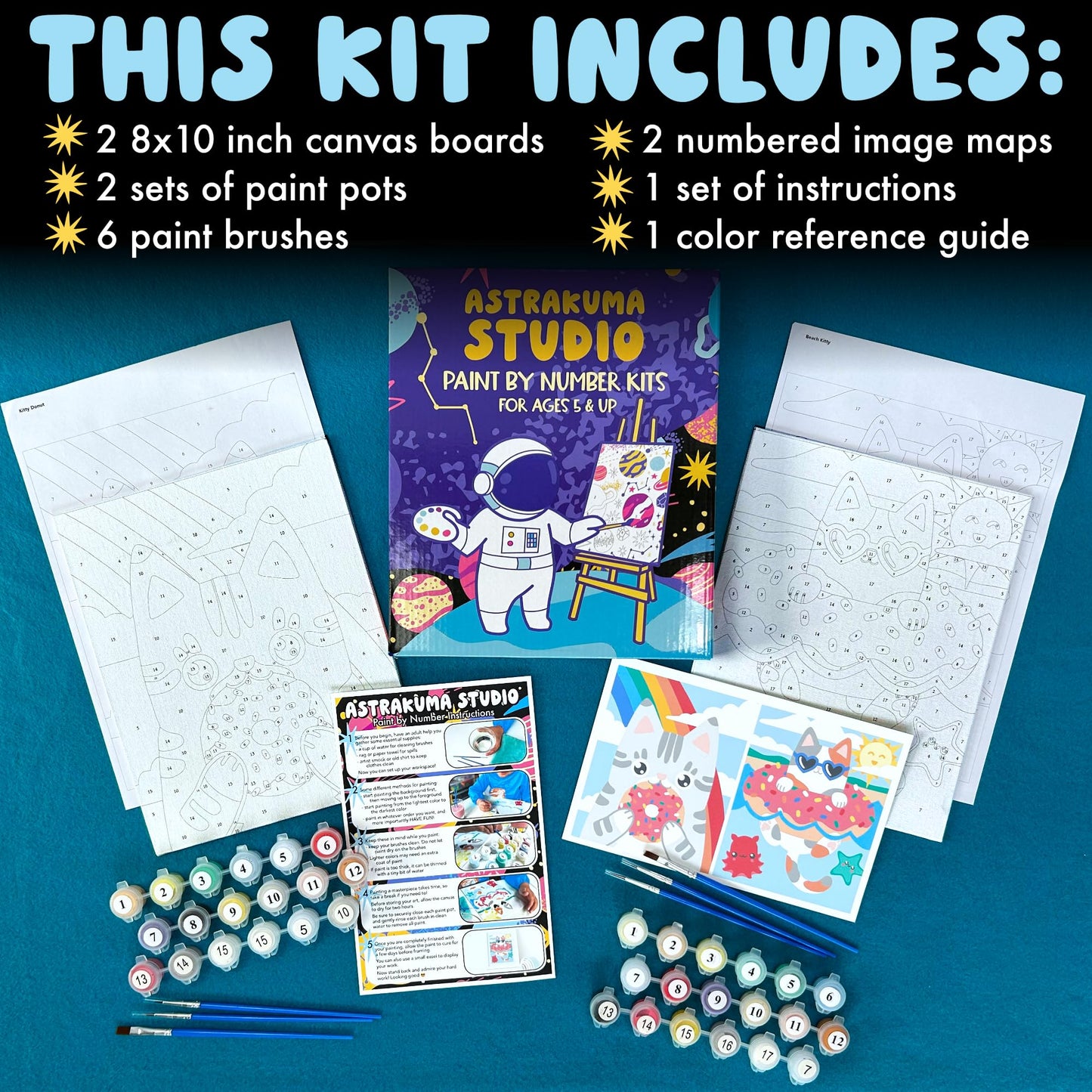 Astrakuma Studio Paint by Numbers for Kids Ages 8-12 - Cat Donut Painting by Number Kits with Pre Drawn Canvas Boards, Small Animals Paint and Sip Kit for Beginner Artist, Easy Acrylic Paint-By-Number