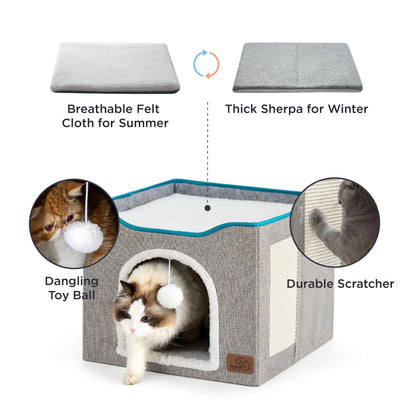 Bedsure Cat Beds for Indoor Cats - Large Cat Cave for Pet Cat House with Fluffy Ball Hanging and Scratch Pad, Foldable Cat Hideaway,16.5x16.5x13 inches, Grey